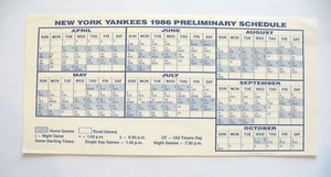 MLB - New York Yankees "1986" Paper Schedule - VINTAGE - EXCELLENT