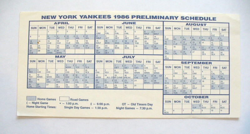 MLB - New York Yankees "1986" Paper Schedule - VINTAGE - EXCELLENT