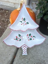 Vintage Christmas Tree Shaped Tidbit Snack Tray Dish Hand Painted Ceramic Italy