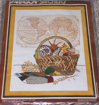 1982 Paragon ''Sea Treasures'' World Map / Shells / Duck Crewel Stitchery NIP