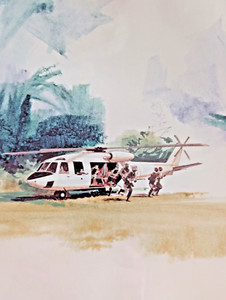  Photo of water color, Vietnam, Korean War Huey Helicopter, Framed, Vintage.