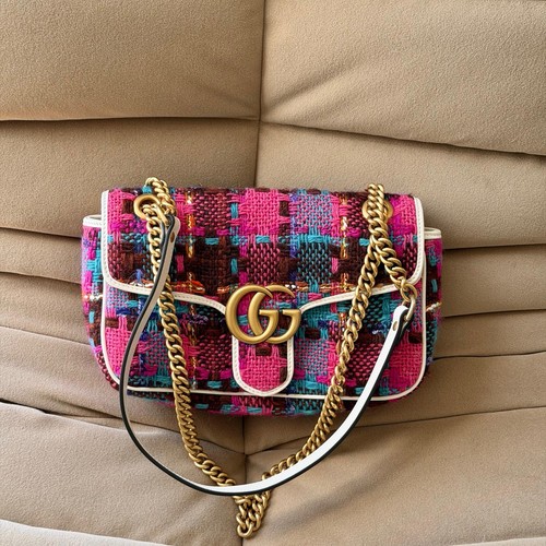 Gucci GG Small Marmont Flap Bag in Pink Multicolour Tweed Gold Hardware