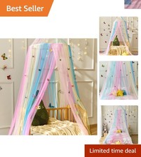 Kids Bed Canopy for Girls Rainbow Butterfly Round Bed Curtain Princess Play Tent