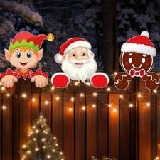 3 Pcs Christmas Fence Peeker Decor with Light Santa Snowman Elk Gingerbread M...