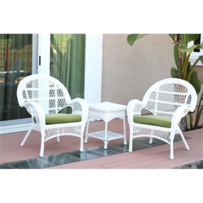 Jeco 3 Piece Wicker Conversation Set in White with Green Cushions