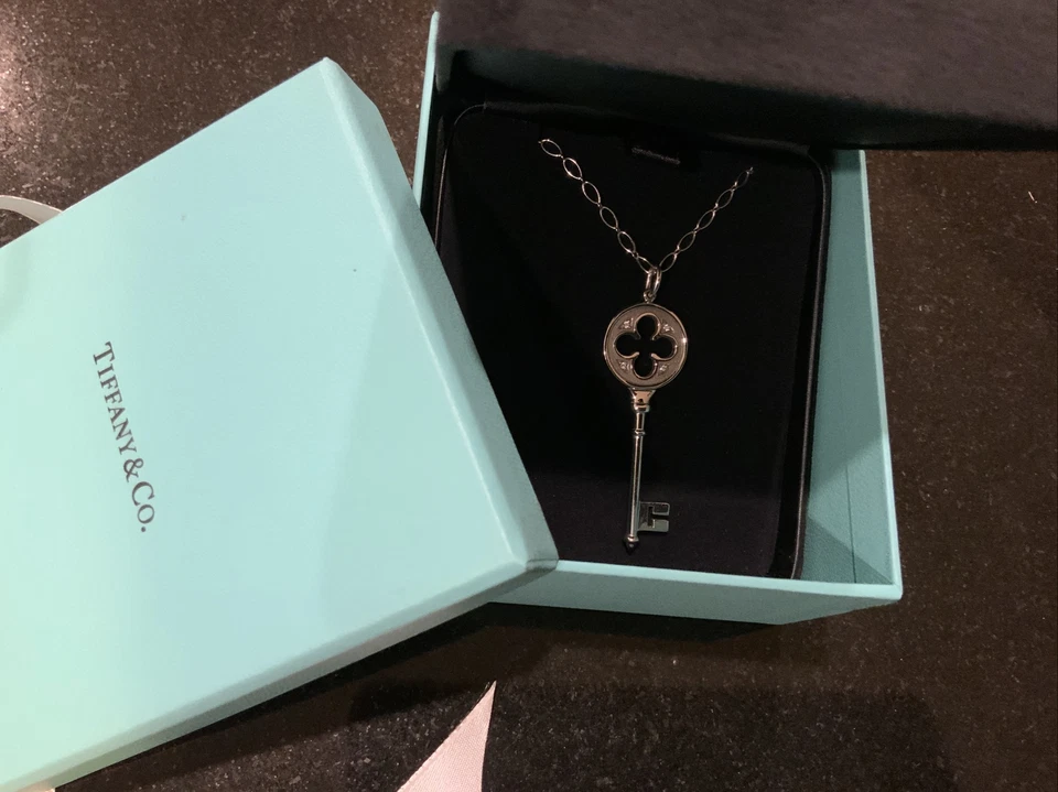 #2583 Tiffany & Co. Necklace 4 Diamond Quatrefoil Key Pendant 18K WhiteG Retired - Image 3 of 4