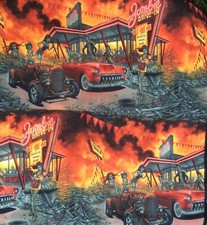 Zombie Movie Drive In 100% Cotton Fabric Alexander Henry Biker Skull Skeleton