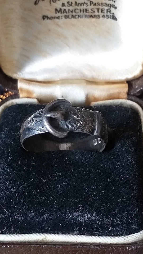 Antica fibbia in argento sterling 1901 Birmingham Hallmarks taglia UK O US 7 - Immagine 3 di 4