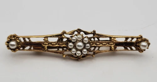 Victorian Revival Bar Pin Gold Tone Faux Pearl Brooch Vintage Costume Jewelry