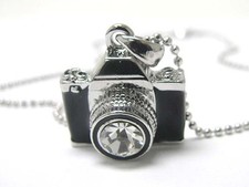 NEW BLACK CRYSTAL CAMERA PENDANT NECKLACE WHITE GOLD