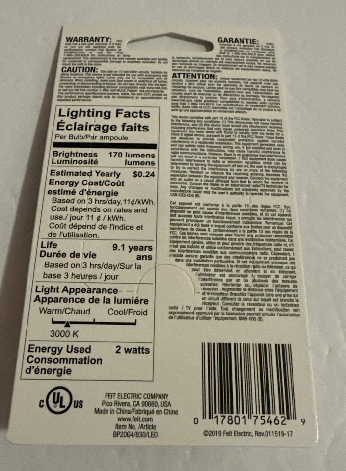 FEIT Electric LED Desk Lamp Light Bulb 170 lumens Warm White G4 20 Watt 12V T2 - Image 2 of 2