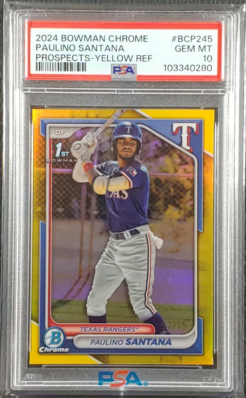 Paulino Santana 2024 Bowman Chrome 1st Yellow Refractor /75 RC PSA 10 Rangers