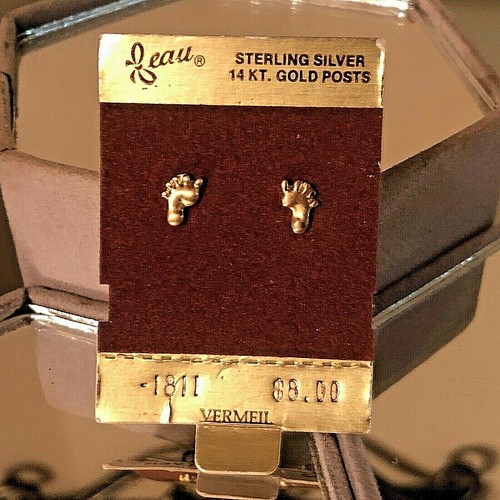 Nuevos Pendientes Postes Vintage Plata Esterlina Vermeil Beau "Pies de Bebé" Oro 14k Nuevos - Imagen 2 de 3
