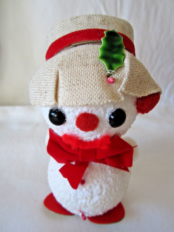 Vintage 1950's Era SNOWMAN with RED BOW & Tan Hat Christmas Ornament Figurine