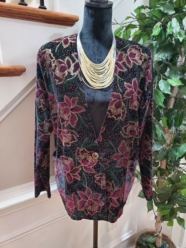 Vintage Jeri Marque Black Floral Acetate Single Breasted Casual Blazer Size M - Picture 11 of 11