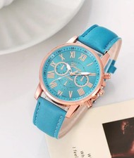 LADIES WATCH - Blue Face - Golden Rose Tone Case - Blue Faux Leather Strap