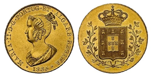 PORTUGAL. Maria II. 1835 AV Peca, 6400 Reis. NGC MS64 Lisbon. Fr.-141
