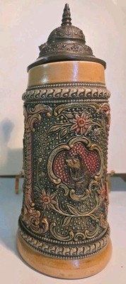Antique A. Diesinger DRGM 154927 Beer Stein Relief Hunting Dog Pewter Lid 1900s