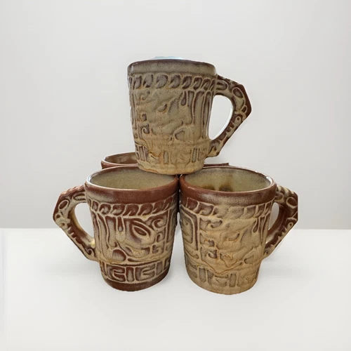 5 Vintage Frankoma Mayan Aztec Pattern 7CL Coffee Mugs Cups Cream & Brown