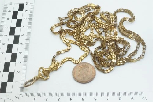 ANTIQUE FRENCH PINCHBECK / GILT LONG GUARD or MUFF CHAIN NECKLACE HAND PENDANT