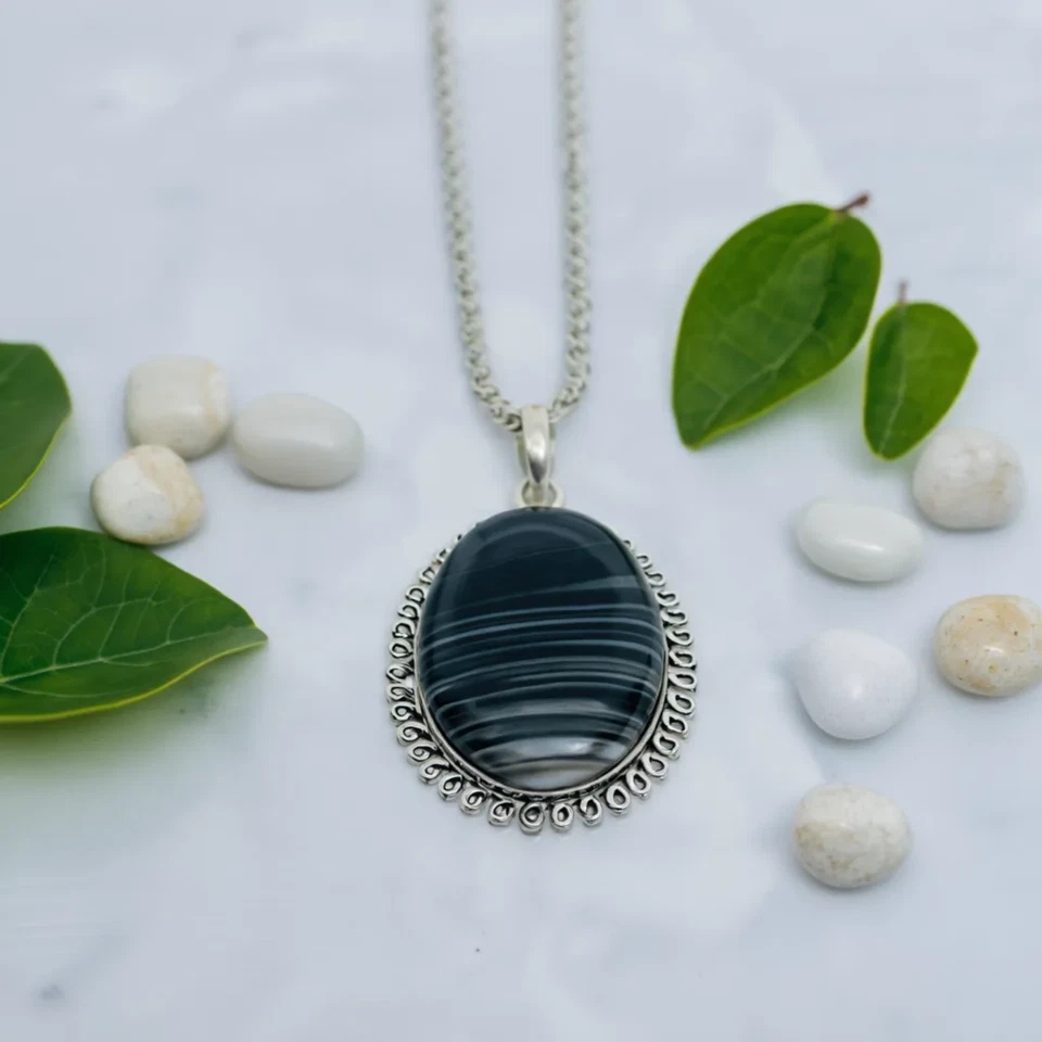 Natural Black Agate Silver Pendant | Handmade Oval Necklace with Free Chain - Image 3 of 4