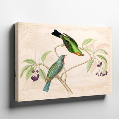 Vintage Style Canvas Wall Art with Colorful Tropical Birds on Branch and Berries