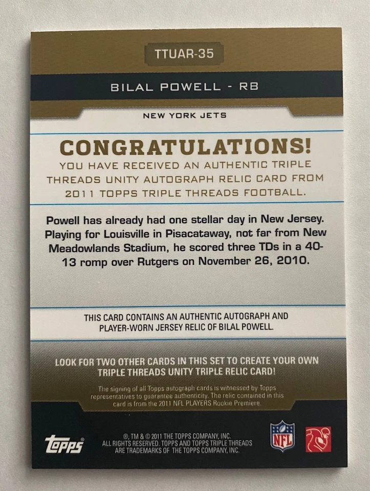 2011 Topps Triple Threads Unity Relics Gold /25 Bilal Powell Rookie Auto RC - Image 2 of 2