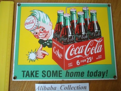 COCA COLA EMAILLESCHILD 1990 FLASCHE SODA TAKE SOME HOME TODAY 22 * 28 cm