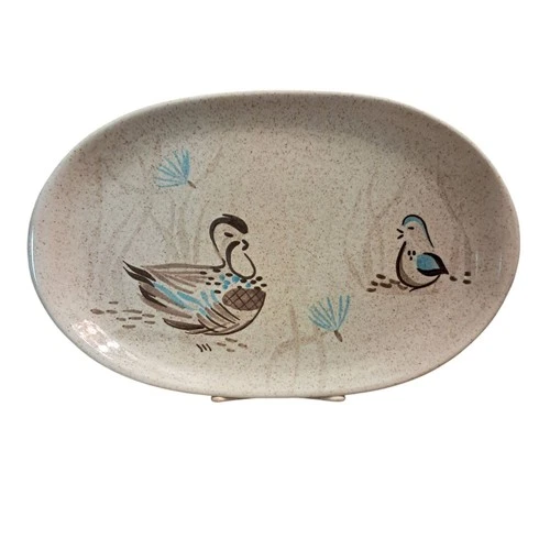 Vintage Redwing "Bob white" Oval Platter Quails Turkey Dinner Stoneware Speckled