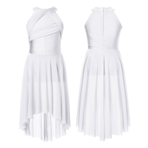 Girl Lyrical Dance Dress Modern Dancewear Sleeveless Sequins Bodice Waist Outfit - Picture 135 of 162