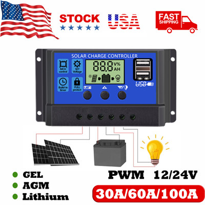 100A Solar Panel Battery Charge Controller Dual USB 12V/24V LCD Regulator Auto