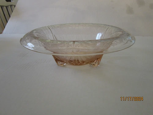 Hazel Atlas Bowl Royal Lace Pink Depression Glass 3 Footed 1930's Vintage 10.5"