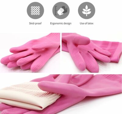 3 Pair Long PVC Cleaning Gloves - Thickened, Anti-Slip, Elastic Cuff, Waterproof For Dishwashing & Household Chores (Pink, Large)