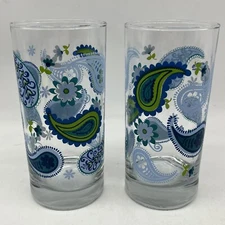 2 CRISA LIBBY 6" GLASS TUMBLERS BLUE GREEN PAISLEY PATTERN 16 OZ.