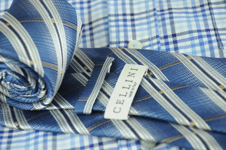 Gravata masculina Cellini azul branca e marrom xadrez tecido de seda 60 x 3,75 pol. - Imagem 4 de 4