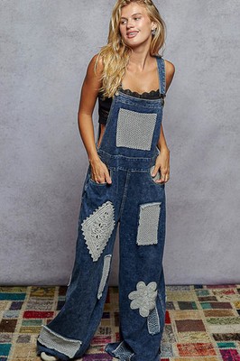 ''Rock the Band'' Patchwork Overalls in Indigo Blue