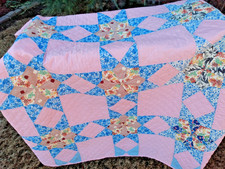 Vtg Hand Stitched Double Eight Pointed Star Quilt 80"x96" Feed Sack NEVER USED