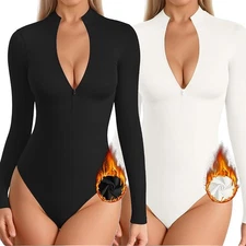 Women Fleece Lined Thermal Zip Bodysuit Top Long Sleeve Shirts Undershirts Warm