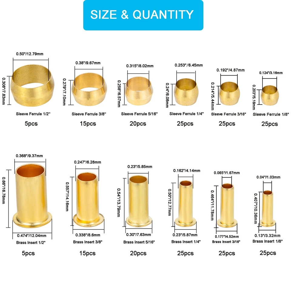 Compression Fittings Kit - 6 Sizes Brass Sleeves for Air, Water, Fuel, Oil, Gas - Image 2 of 4
