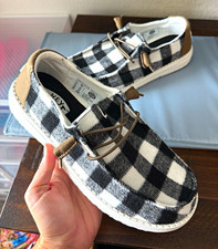 Hey Dude Wendy Buffalo Plaid Canvas Slip-On Black White womens 8