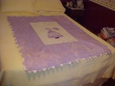 VINTAGE HAND MADE PIECED QUILT, PURPLE QUILT APPLIQUED WOMAN WITH UMBRELLA AS IS
