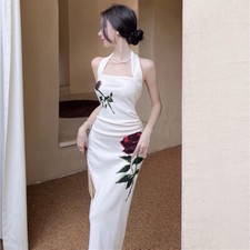 Women Sexy Open Back Mid Length Split Dress Summer Slim Fit Wrap Hip