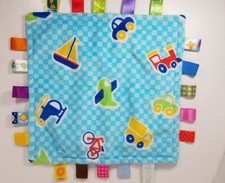 Taggies Blue Plane Train Car Truck Plush Baby Security Blanket Lovey 12"x11"