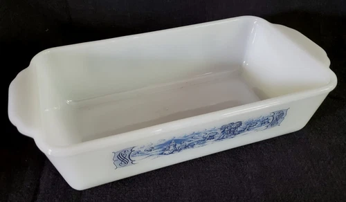 Vintage Glasbake Currier And Ives Baking Dish Loaf Pan Blue Farm