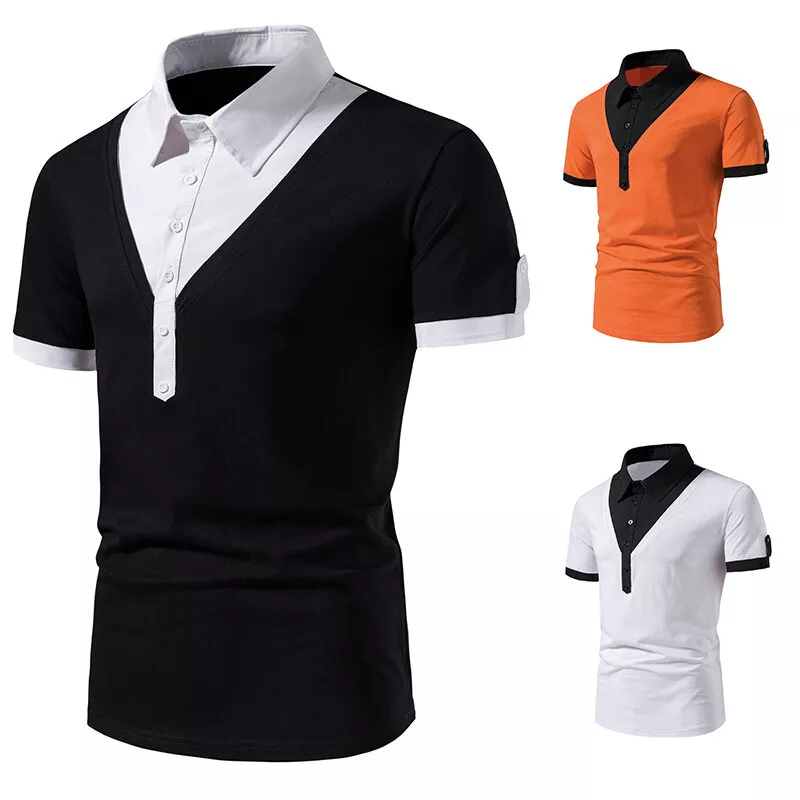 Men's Stitching Fake Two T-shirt Daily Casual Short Sleeve Sports Lapel  Golf T