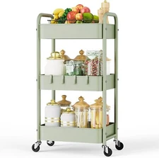 3 Tier Rolling Storage Cart,Metal Trolley Utility Cart with Wheels & Hooks,Green