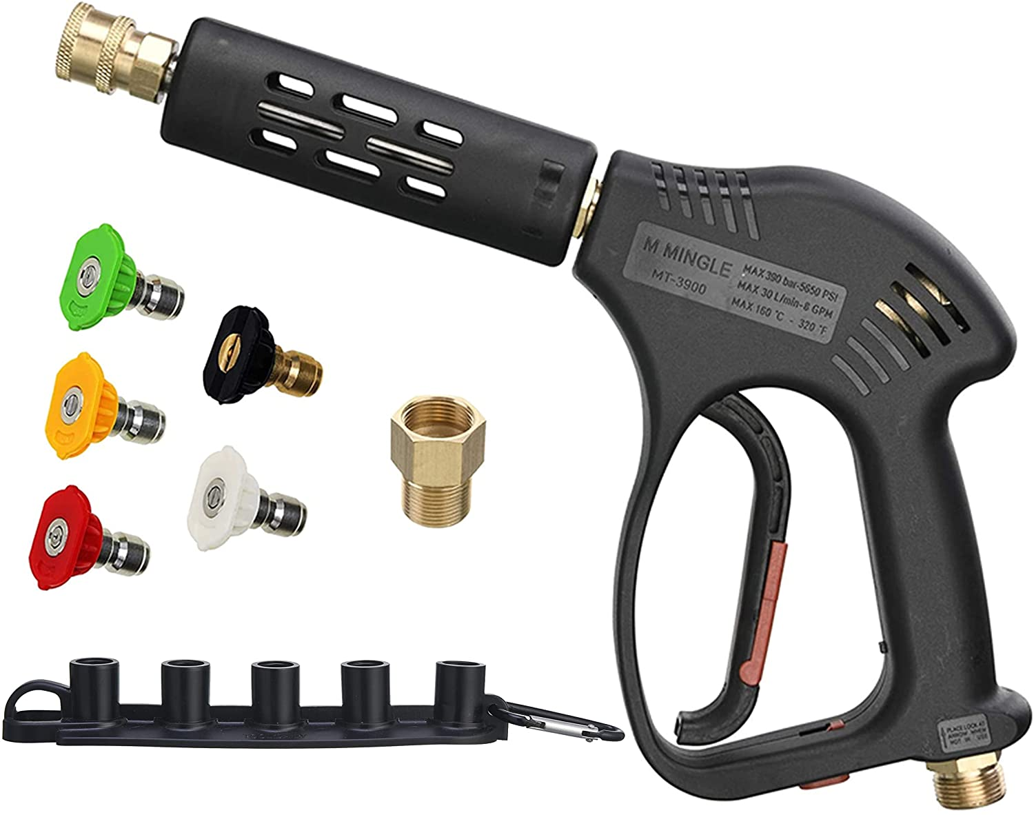 Short High Pressure Washer Gun, 5000 PSI, M22 Fitting, 5 Nozzle Tips, Hot Cold
