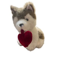 Vintage Elcee Plush Husky Dog Toy Red Bow Holding Heart in Mouth 8" tall