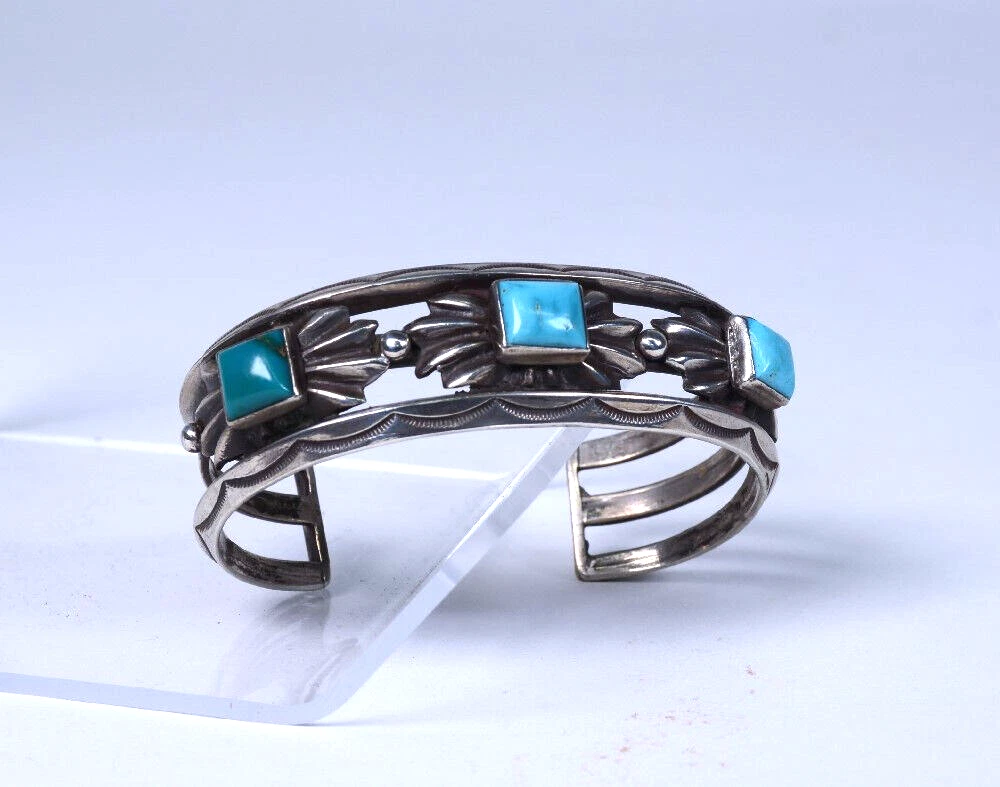 Early Navajo Bracelet: 3 Square cut Turquoise settings on small conchos ca 1940