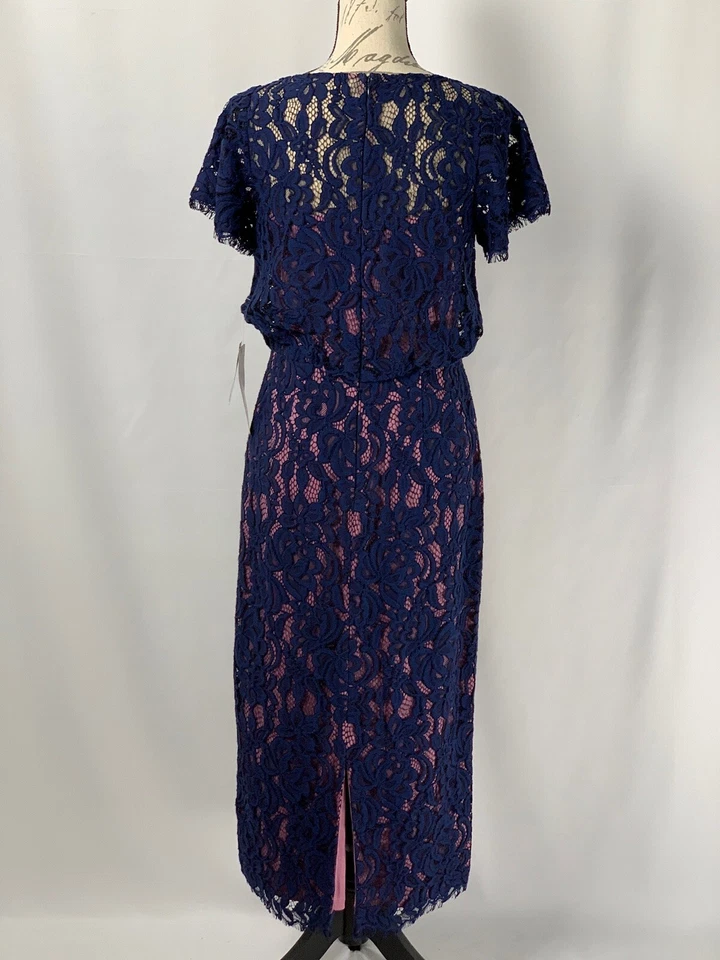 $595 JS Collections Dress NWT Blue & Pink Short Sleeve Lace Midi Dress Size 4 - Image 3 of 4